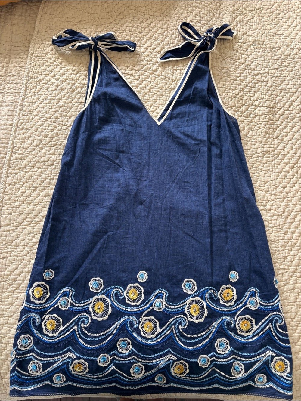 Anthropologie Navy Tie-Shoulder Mini Dress with Embroidered Hem